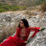 Morbagh Red Embroidered Lehenga With Halter And Cape