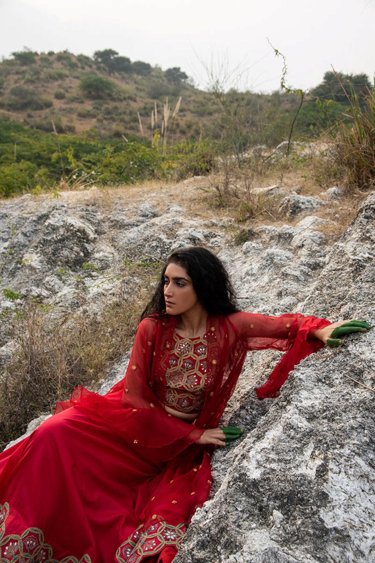 Morbagh Red Embroidered Lehenga With Halter And Cape