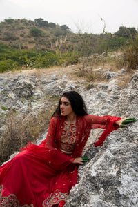 Morbagh Red Embroidered Lehenga With Halter And Cape