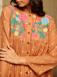 Brown Multicolor Floral Appliqué Silk Chanderi Dress