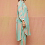 Turquoise High Low Hem Striped Tunic With striped Pants