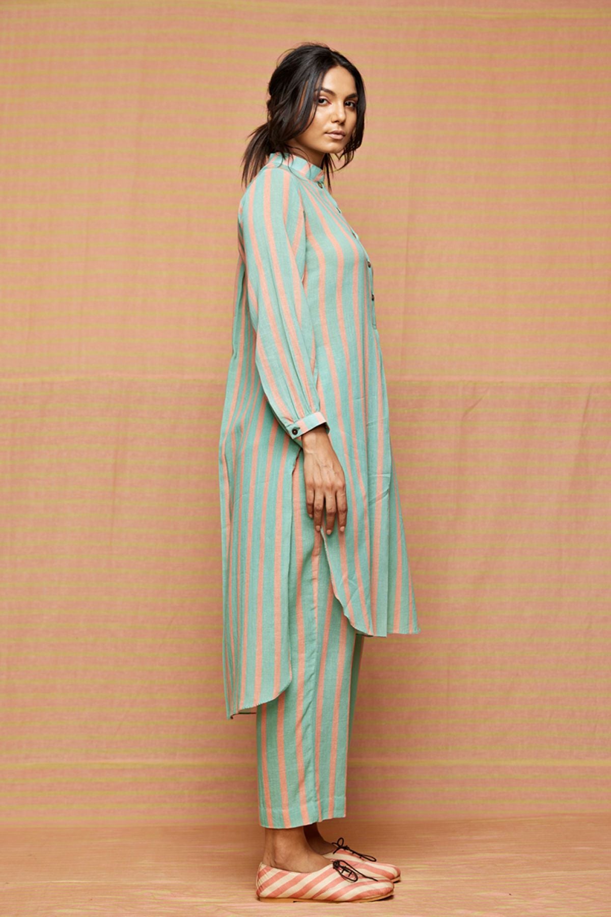 Turquoise High Low Hem Striped Tunic With striped Pants