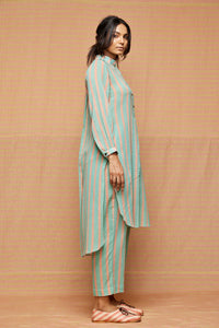 Turquoise High Low Hem Striped Tunic With striped Pants
