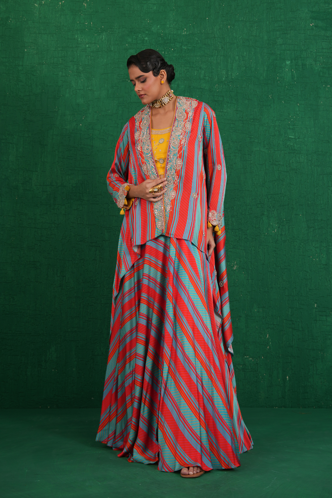 Turquoise red stripe lehenga set