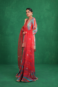 Turquoise red stripe sharara set