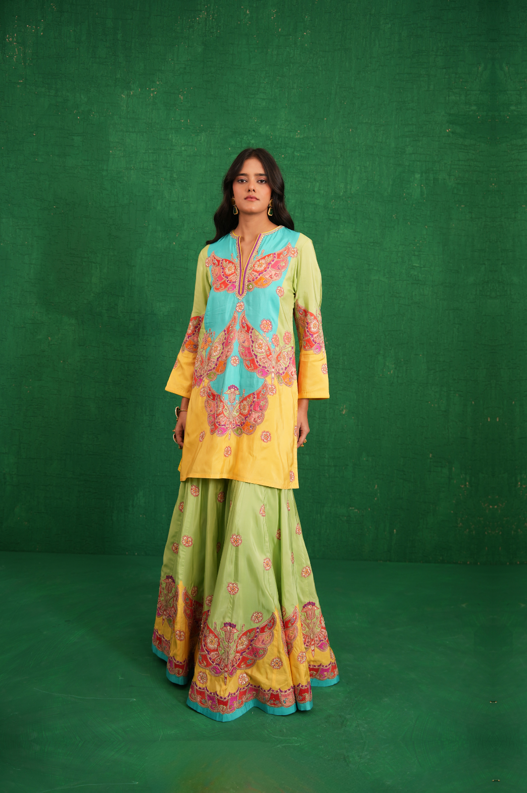 Yellow/turquoise butterfly sharara set