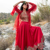 Morbagh Red Embroidered Lehenga With Halter And Cape