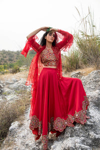Morbagh Red Embroidered Lehenga With Halter And Cape