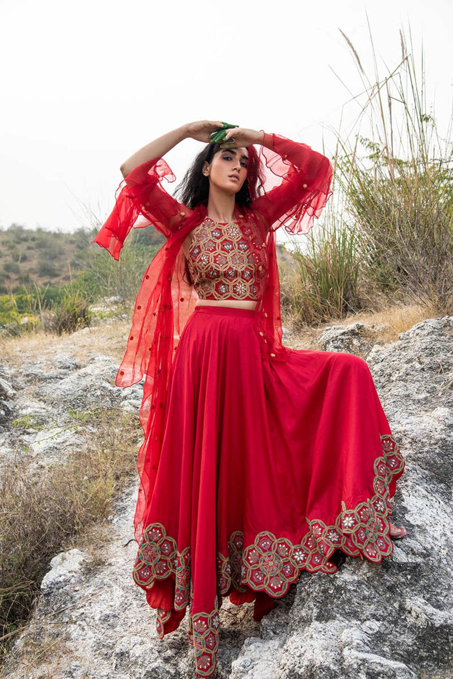 Morbagh Red Embroidered Lehenga With Halter And Cape