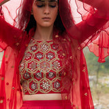 Morbagh Red Embroidered Lehenga With Halter And Cape