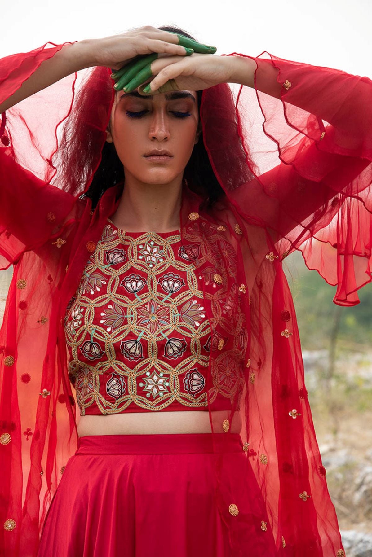 Morbagh Red Embroidered Lehenga With Halter And Cape