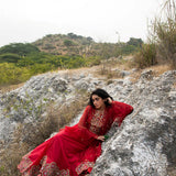 Morbagh Red Embroidered Lehenga With Halter And Cape