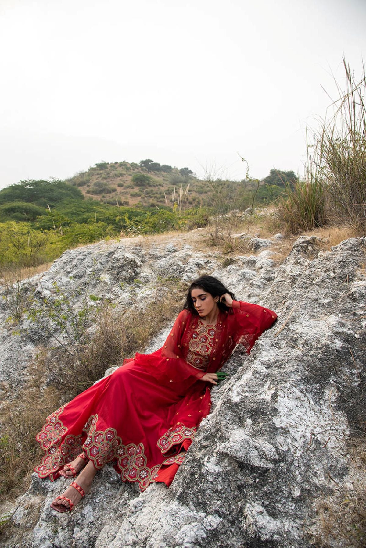 Morbagh Red Embroidered Lehenga With Halter And Cape