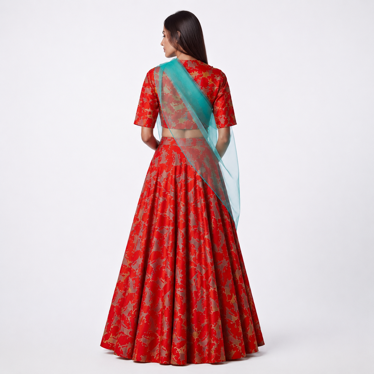 Bundi Printed Embrodiered Deer Zaal Lehenga Set