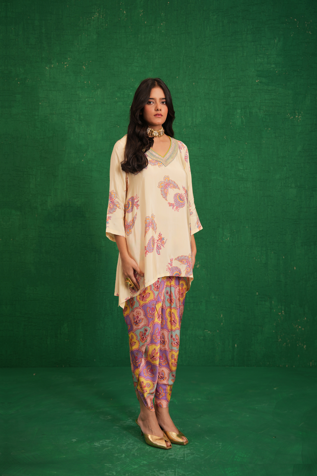 Ivory printed embriodery buta jaal short kurta set