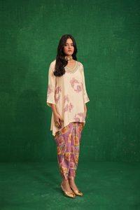 Ivory printed embriodery buta jaal short kurta set