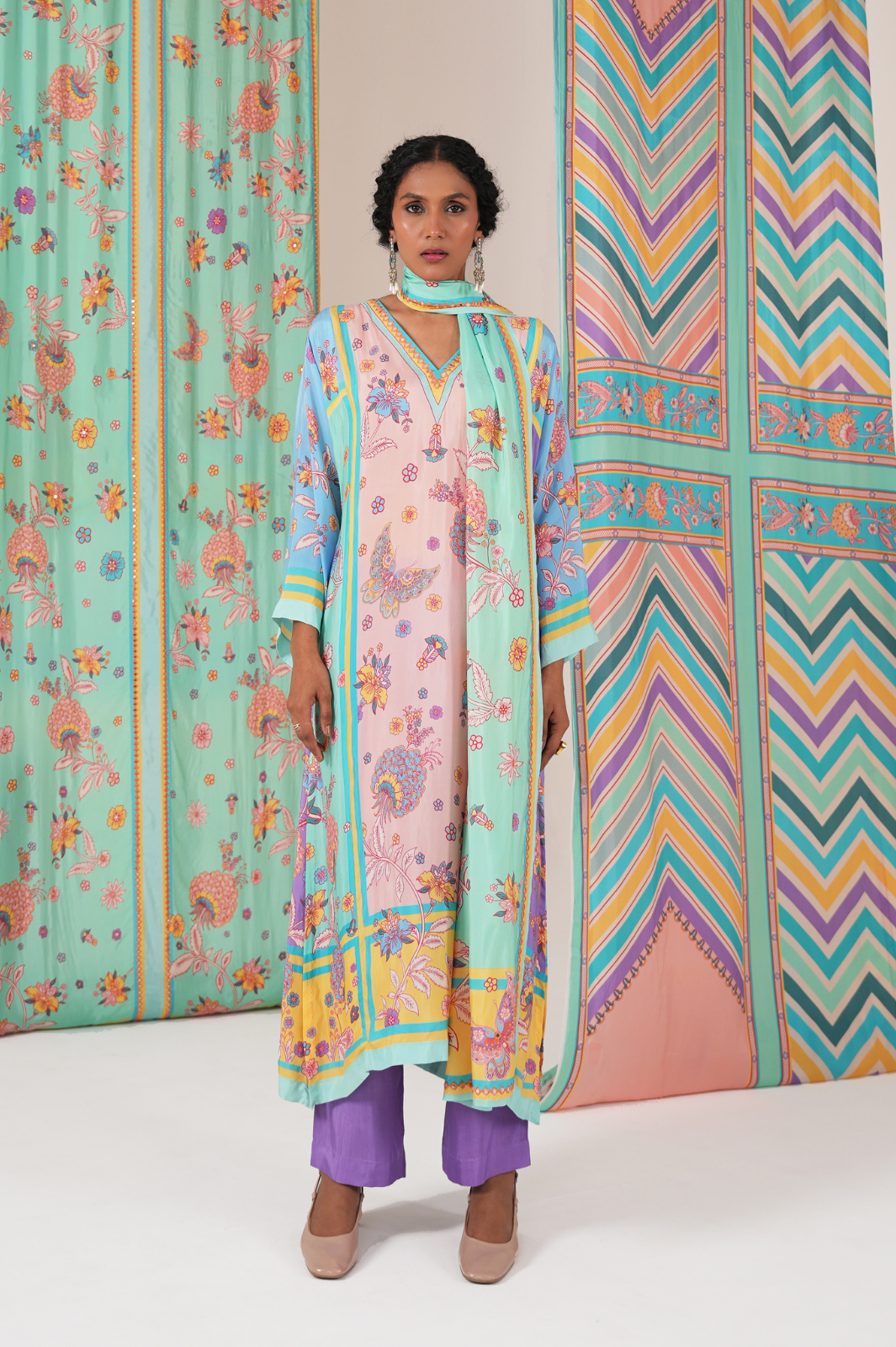 Peach Multi Butterfly Panel Kurta Set