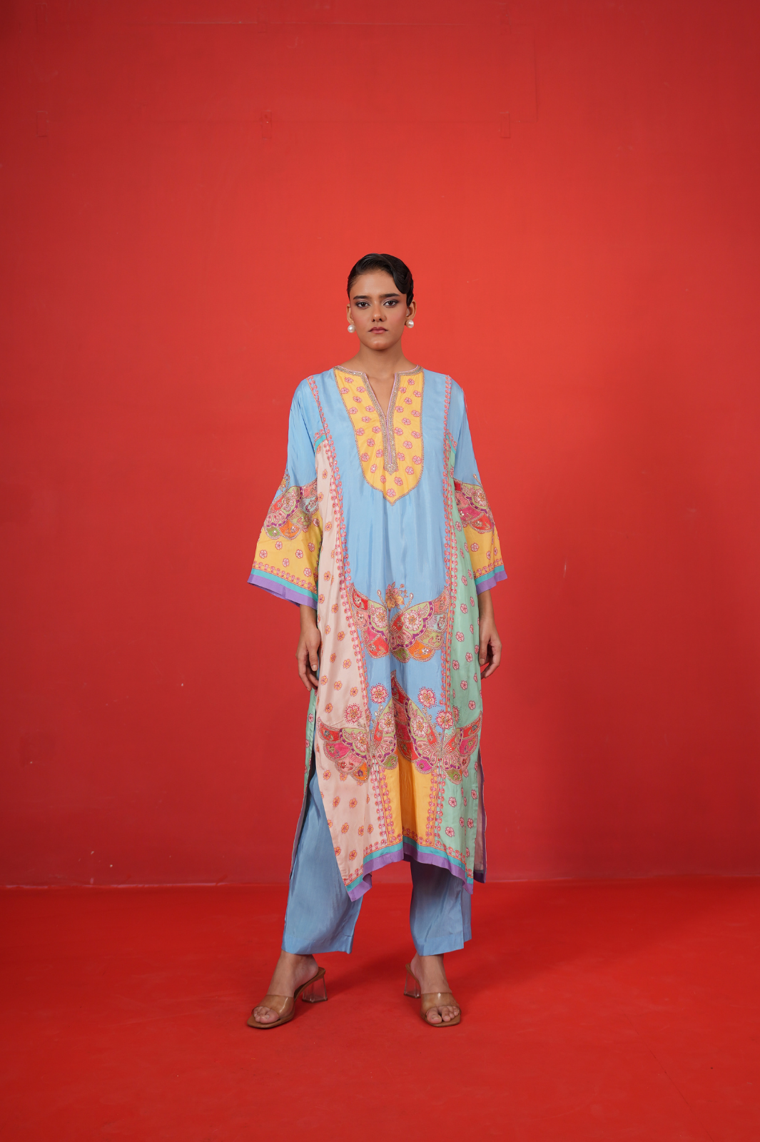 Blue multi panel kurta set