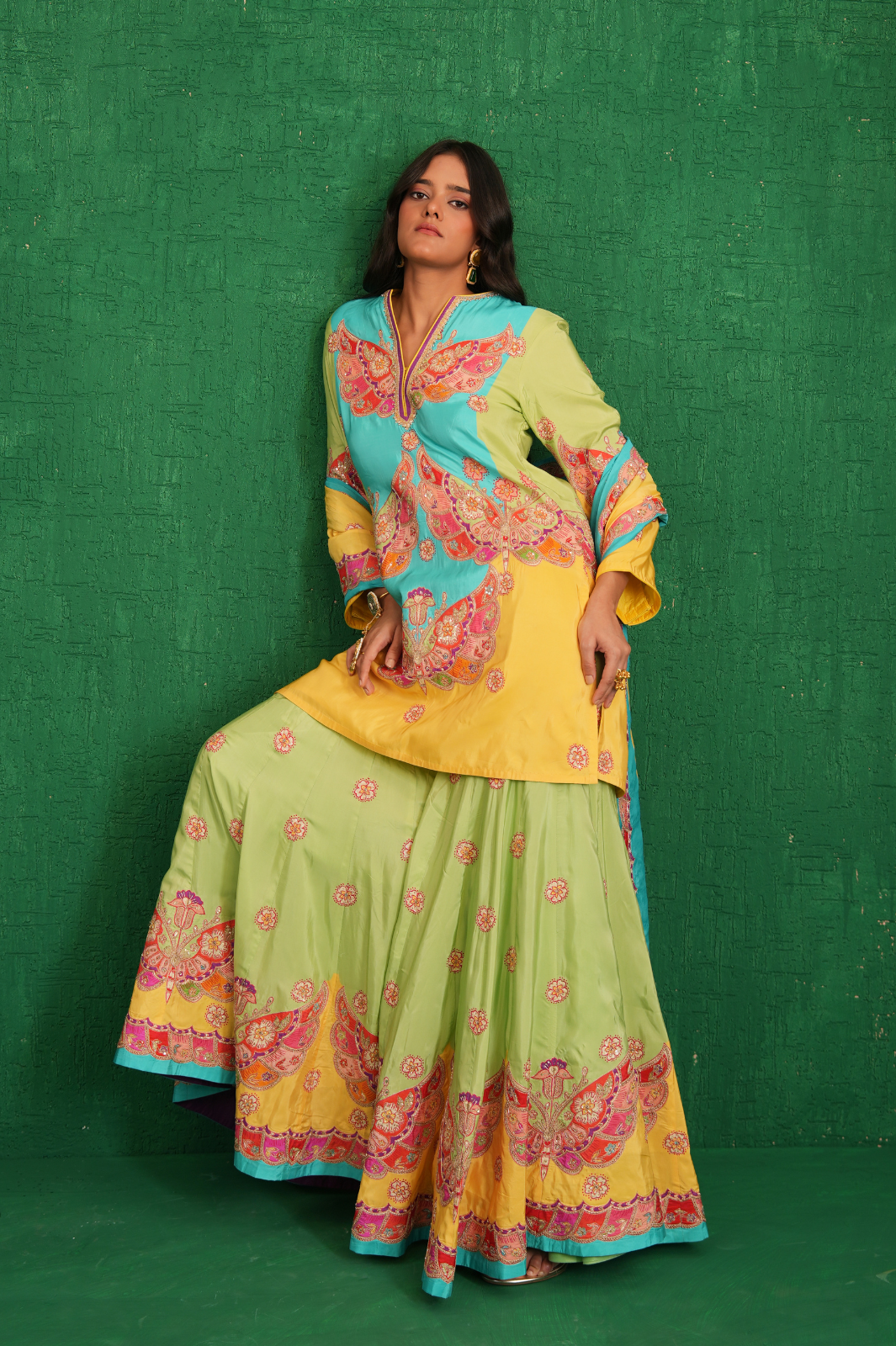 Yellow/turquoise butterfly sharara set