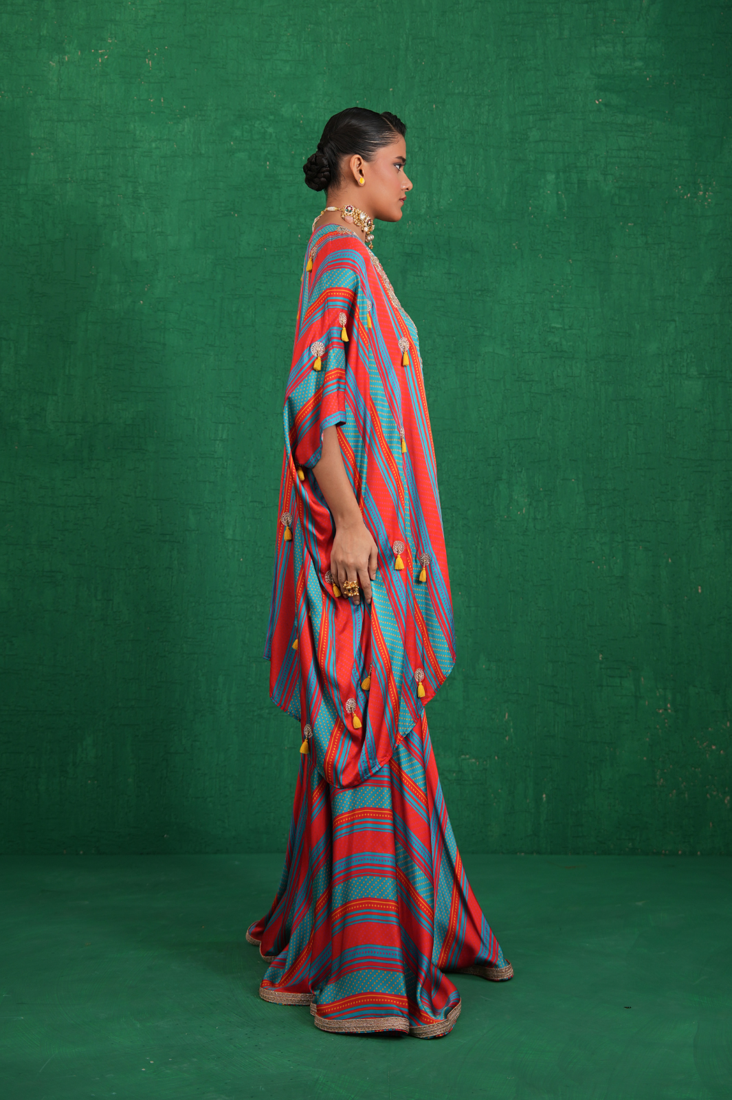 Turquoise red stripe poncho set
