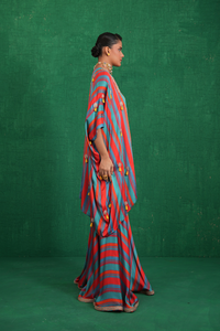 Turquoise red stripe poncho set
