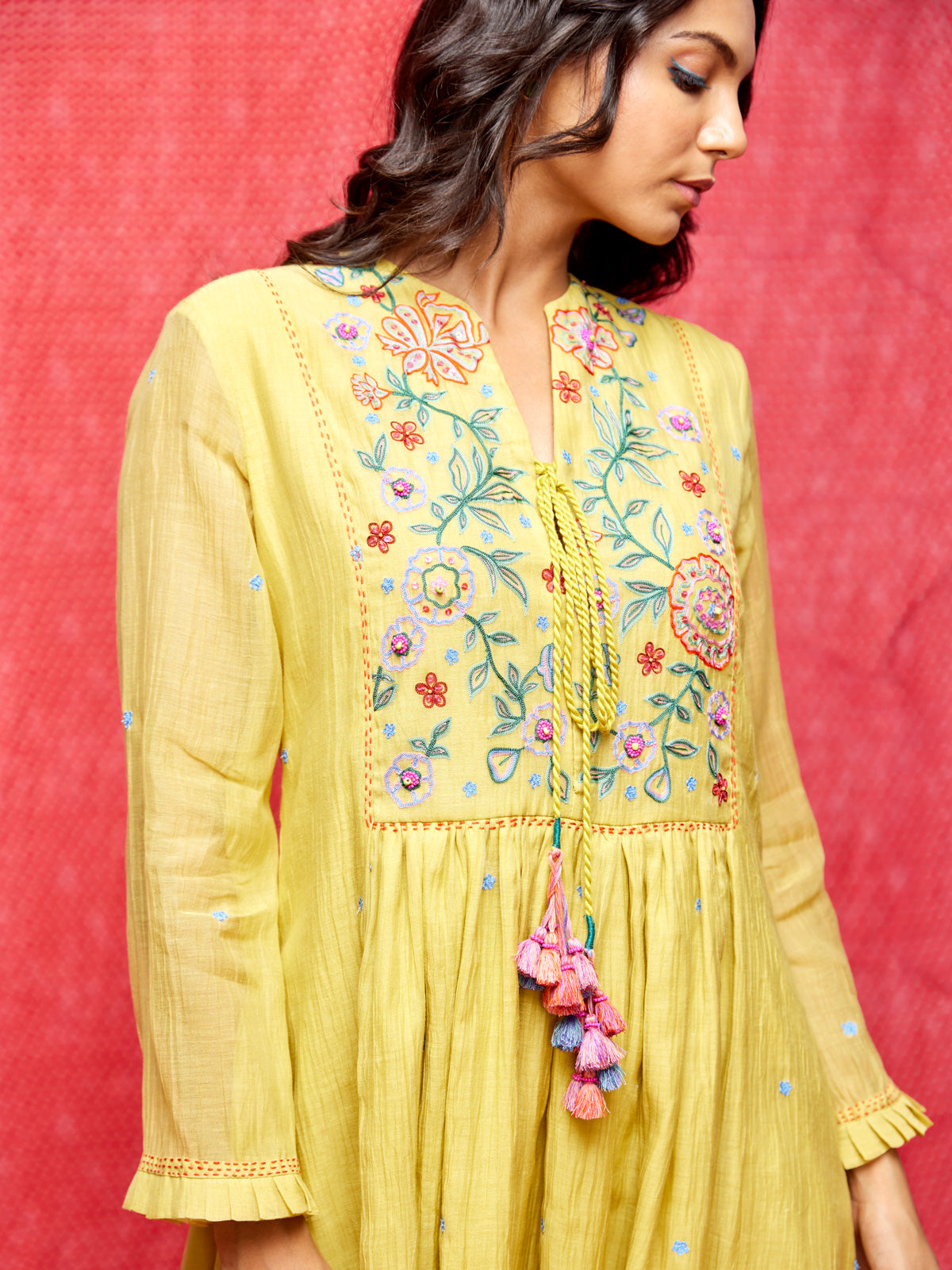 Rose Yellow Embroidered Yoke Tunic