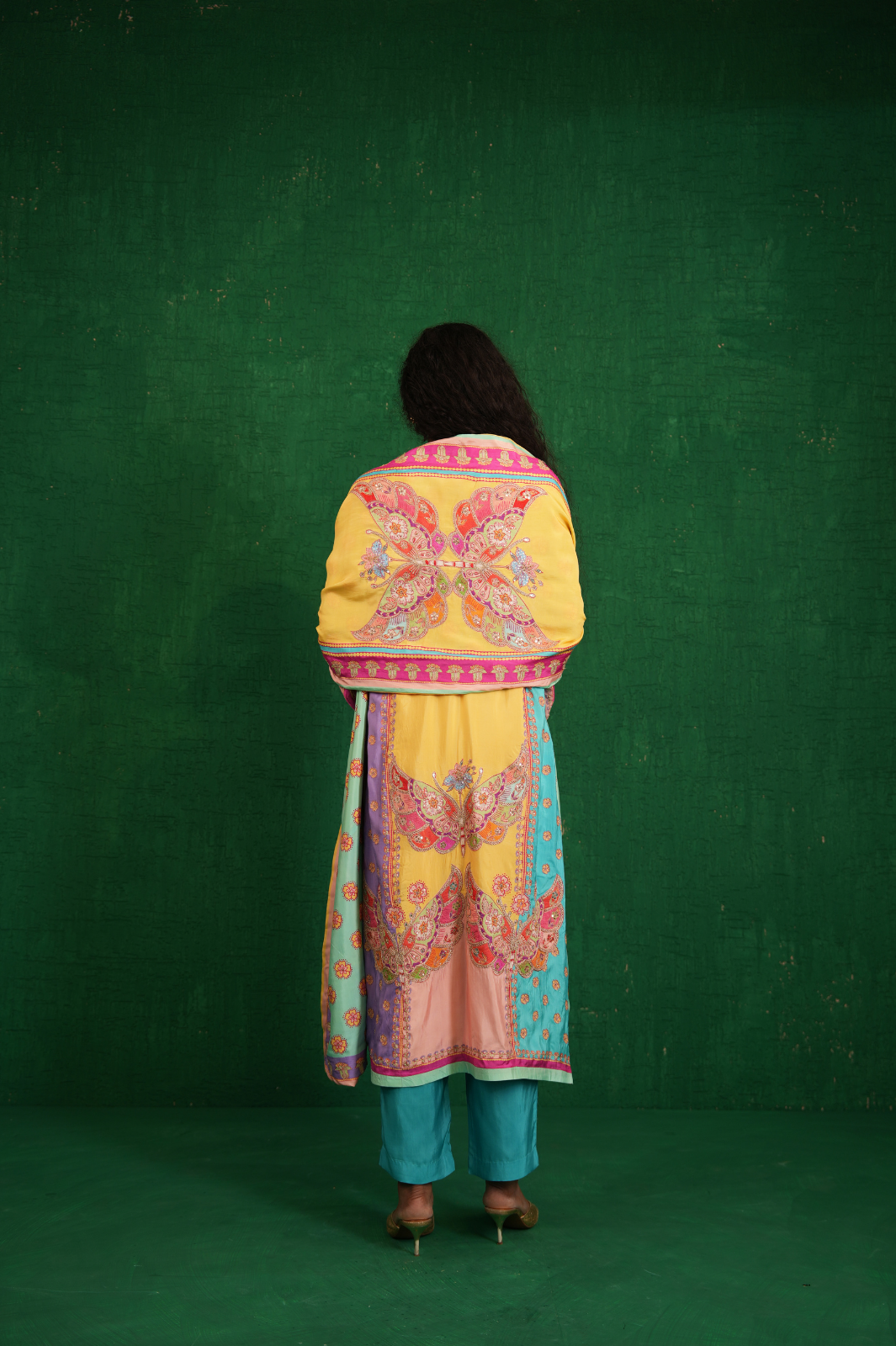 Yellow multi butterfly kurta set