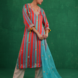 Turquoise red stripe kurta set