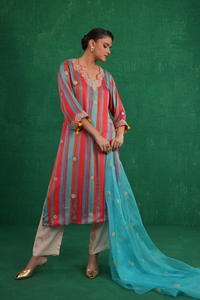 Turquoise red stripe kurta set