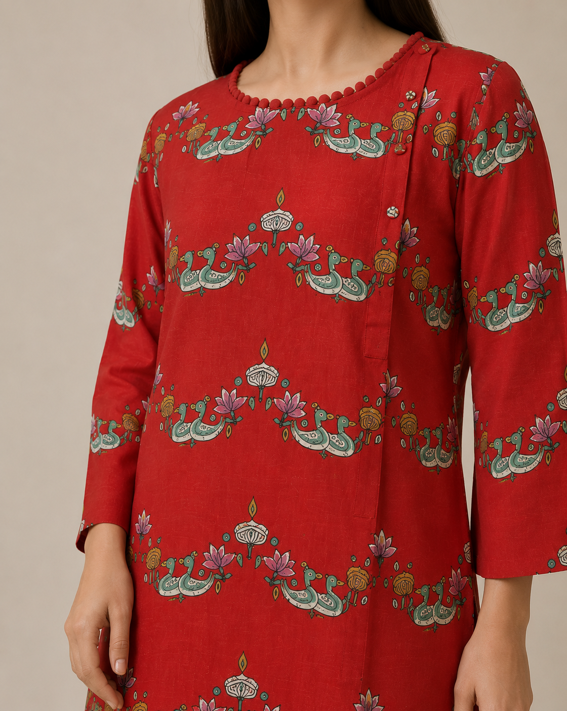 Bundi Red Scallop Printed Kurta