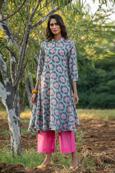 Printed Buta Flared Chanderi Grey Kurta