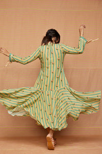Block Printed Buti Striped Flared Dress