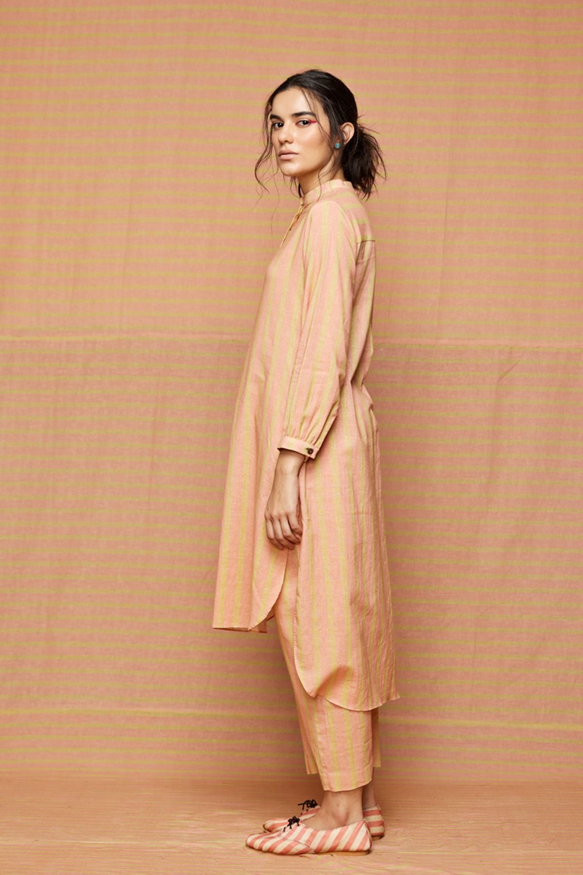Block Printed Beige with Rose Pink Striped Co-ord Set