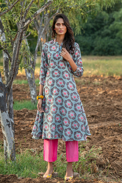 Printed Buta Flared Chanderi Grey Kurta