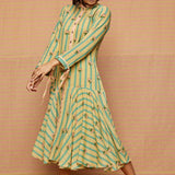 Block Printed Buti Striped Flared Dress