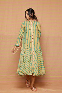 Block Printed Buti Striped Flared Dress