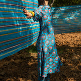 Printed Buta Flared Chanderi Turquoise Kurta
