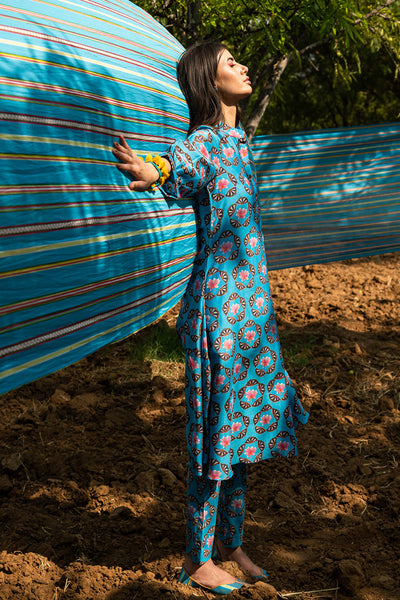 Printed Buta Flared Chanderi Turquoise Kurta