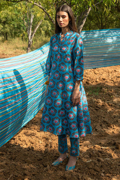 Printed Buta Flared Chanderi Turquoise Kurta