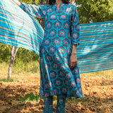 Printed Buta Flared Chanderi Turquoise Kurta