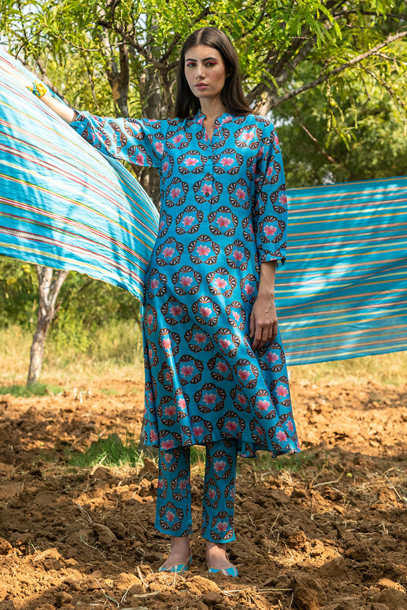 Printed Buta Flared Chanderi Turquoise Kurta