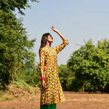 Printed Buta Flared Chanderi Yellow Kurta