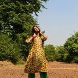 Printed Buta Flared Chanderi Yellow Kurta