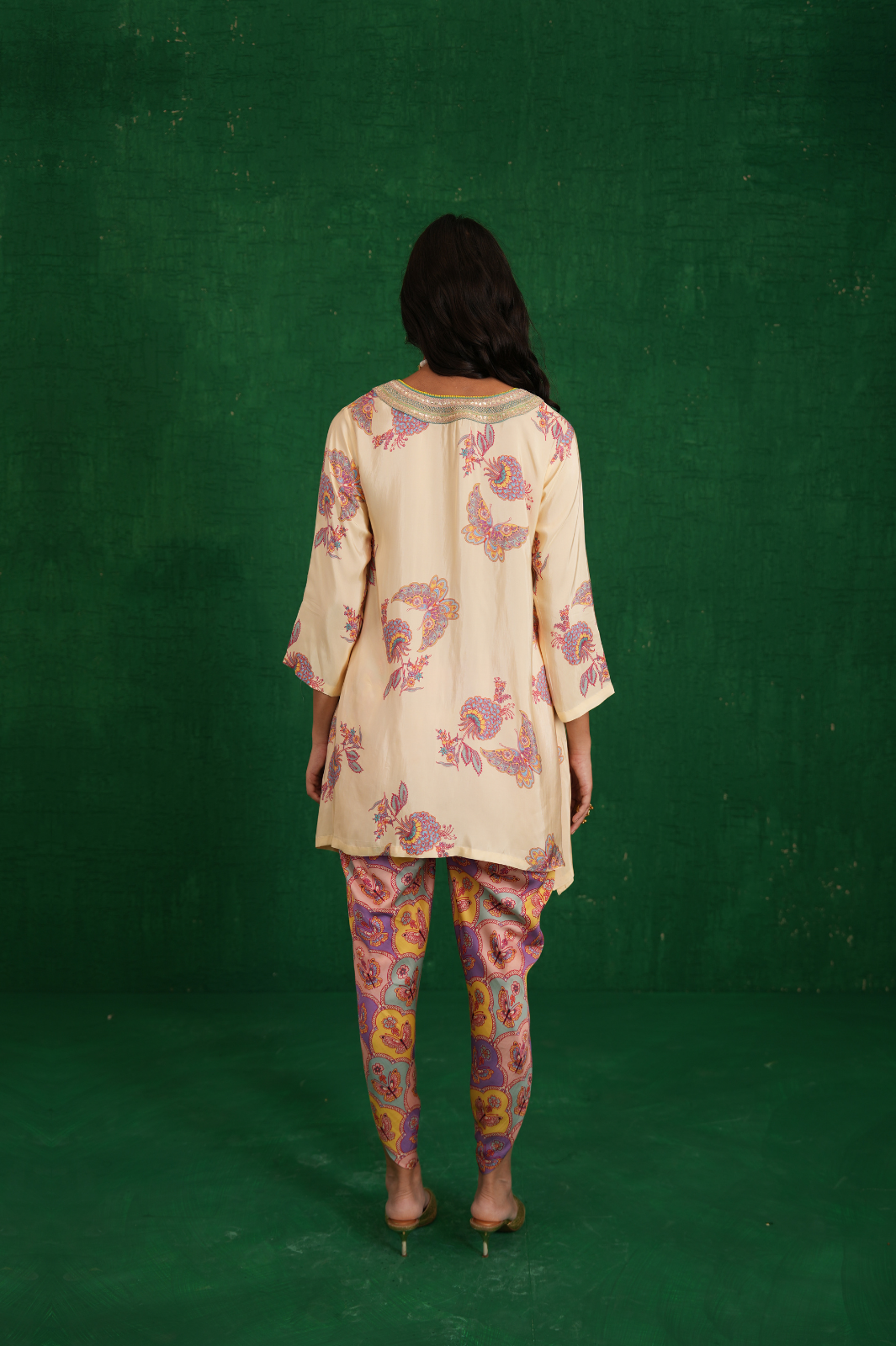 Ivory printed embriodery buta jaal short kurta set