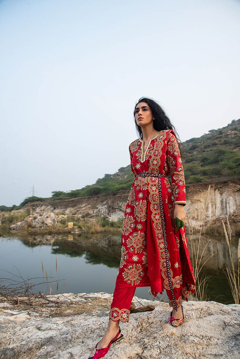 Kamal Red Embroidered Heavy Kurta, Pants And Dupatta