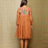 Brown Multicolor Floral Appliqué Silk Chanderi Dress
