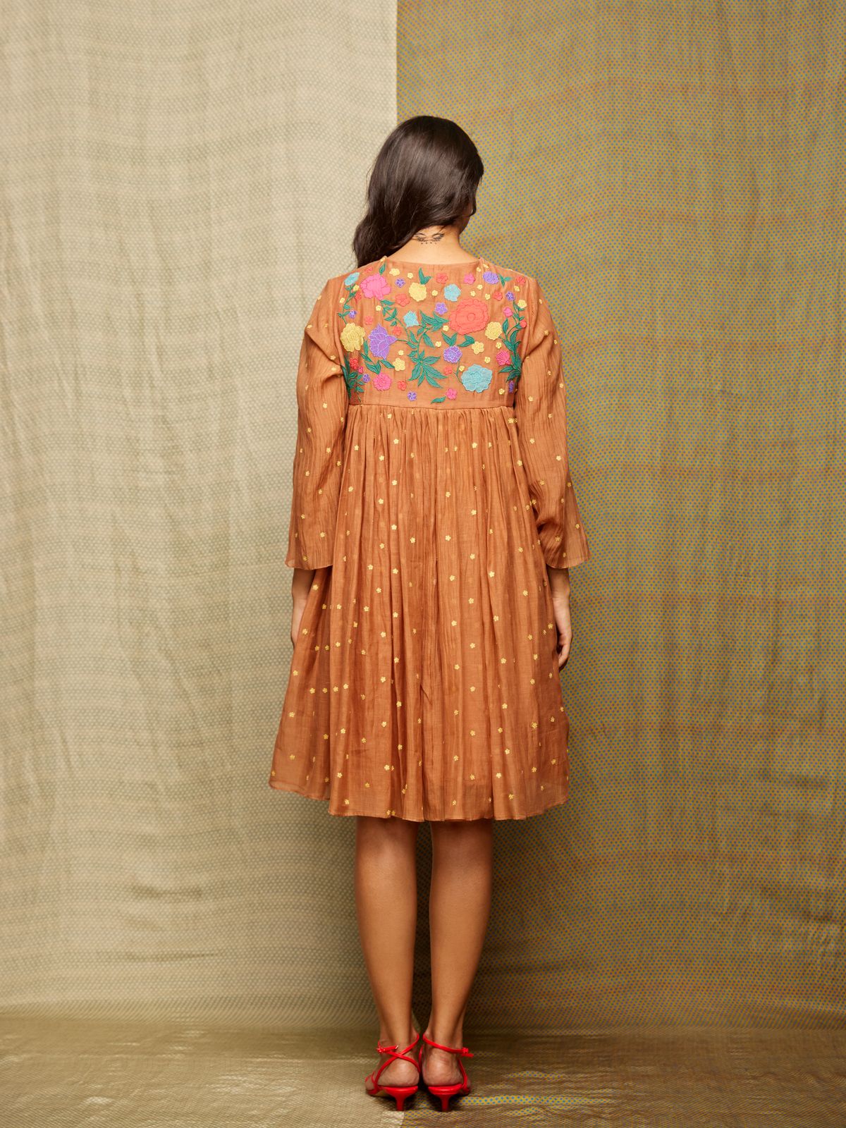 Brown Multicolor Floral Appliqué Silk Chanderi Dress