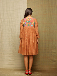 Brown Multicolor Floral Appliqué Silk Chanderi Dress