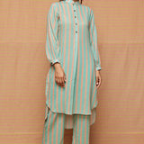 Turquoise High Low Hem Striped Tunic With striped Pants