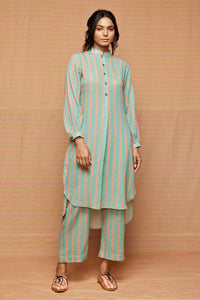 Turquoise High Low Hem Striped Tunic With striped Pants